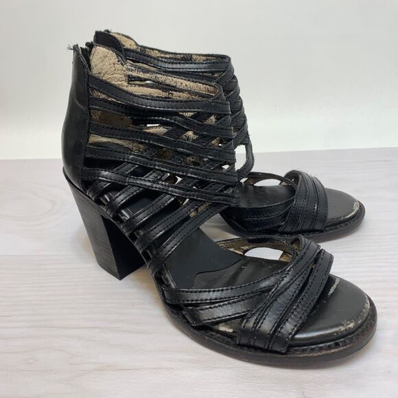 Freebird By Steven FB-WING Sandals Black Block Heel Leather Size 7 Cage Ankle - Picture 1 of 11